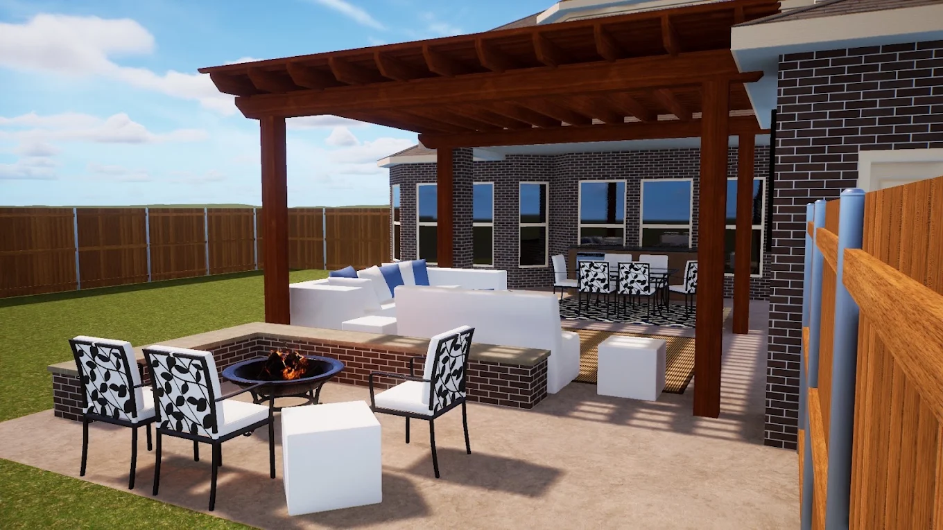 3D design rendering of a cedar pergola over a fire pit seating area beside a brick home